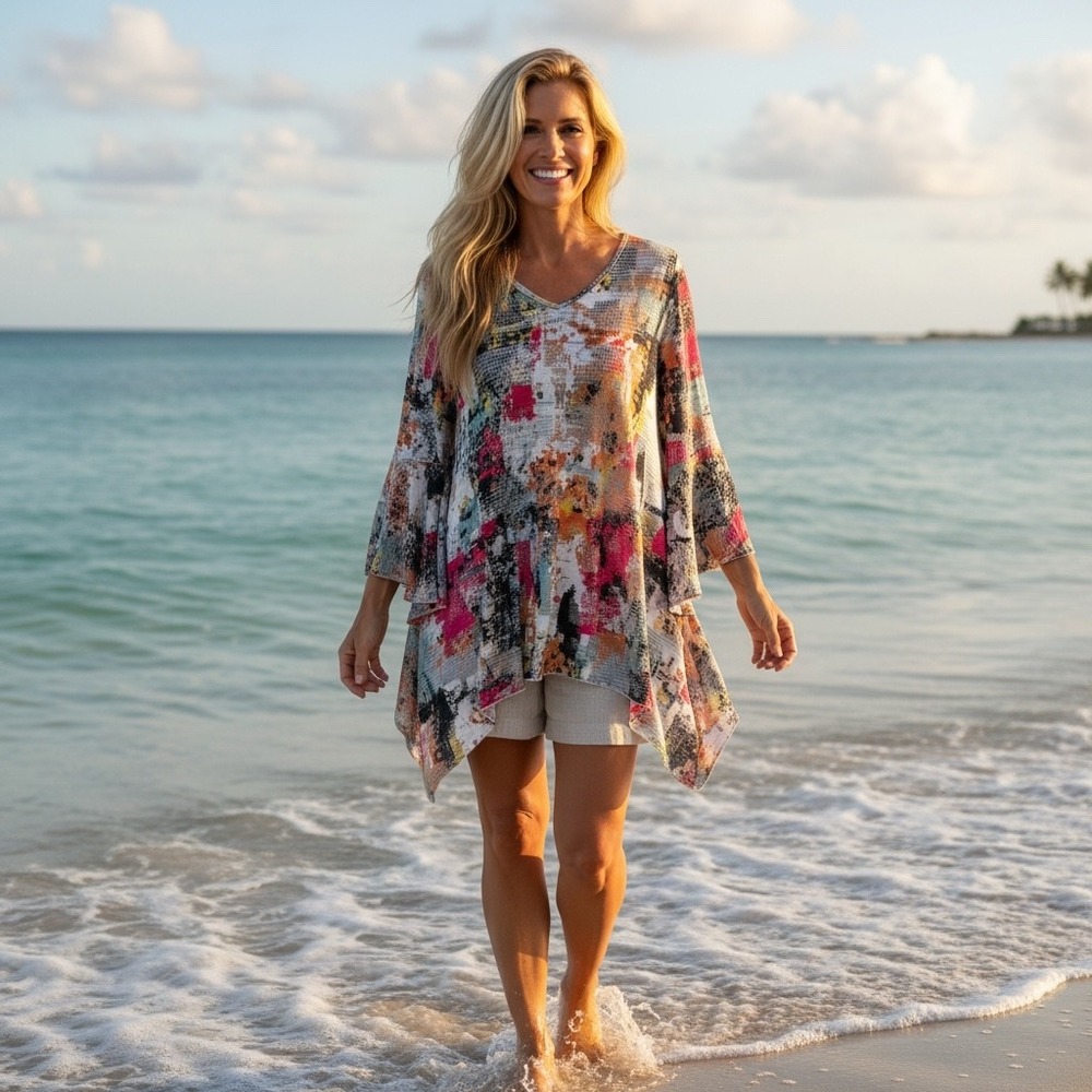 Dor Dor Couture Mesh Abstract Print Tunic V-Neck Bell Sleeve Sharkbite Hem Small